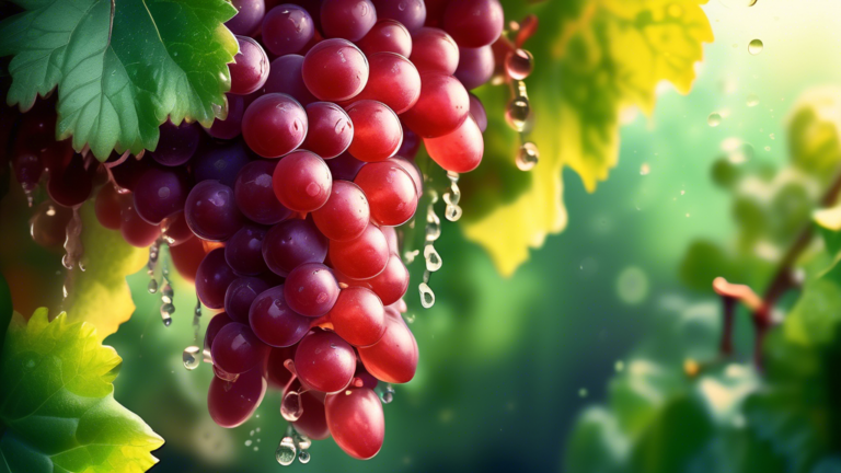 A close-up shot of a bunch of vibrant red grapes hanging from a grapevine, with water droplets glistening on the skin of the grapes, set against a blurred background of lush green leaves, conveying th