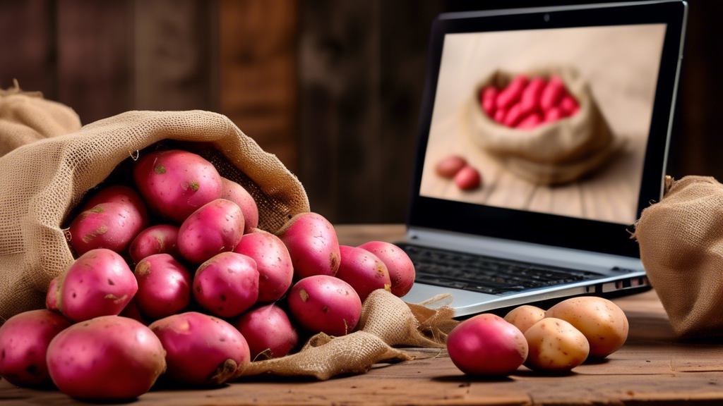 Prompt: A rustic wooden table with a burlap sack overflowing with freshly harvested red potatoes. The potatoes are vibrant red, with some dirt still clinging to their skin, emphasizing their farm-fres