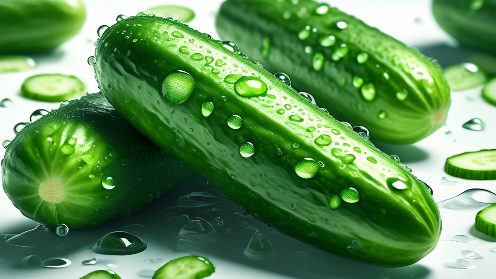 DALL-E Prompt: A close-up shot of a pile of fresh, crisp, bright green seedless cucumbers with water droplets on their skin, arranged on a clean white surface with a soft, natural light source illumin