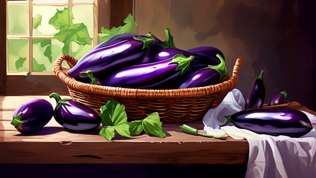 DALL-E prompt: A vibrant still life featuring a basket filled with small, glossy, deep purple brinjals (eggplants) on a rustic wooden table, with fresh green leaves scattered around, illuminated by so