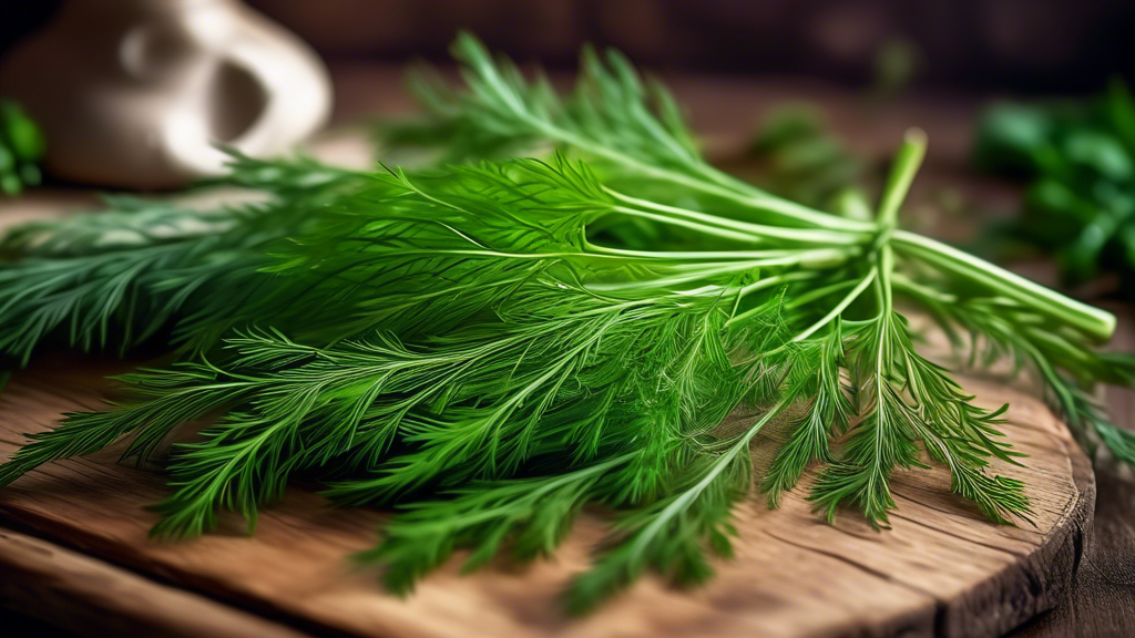 DALL-E Prompt:nA close-up shot of fresh, vibrant green dill leaves (Sova leaves) arranged on a rustic wooden table, with a soft focus background and natural lighting, highlighting the delicate fronds