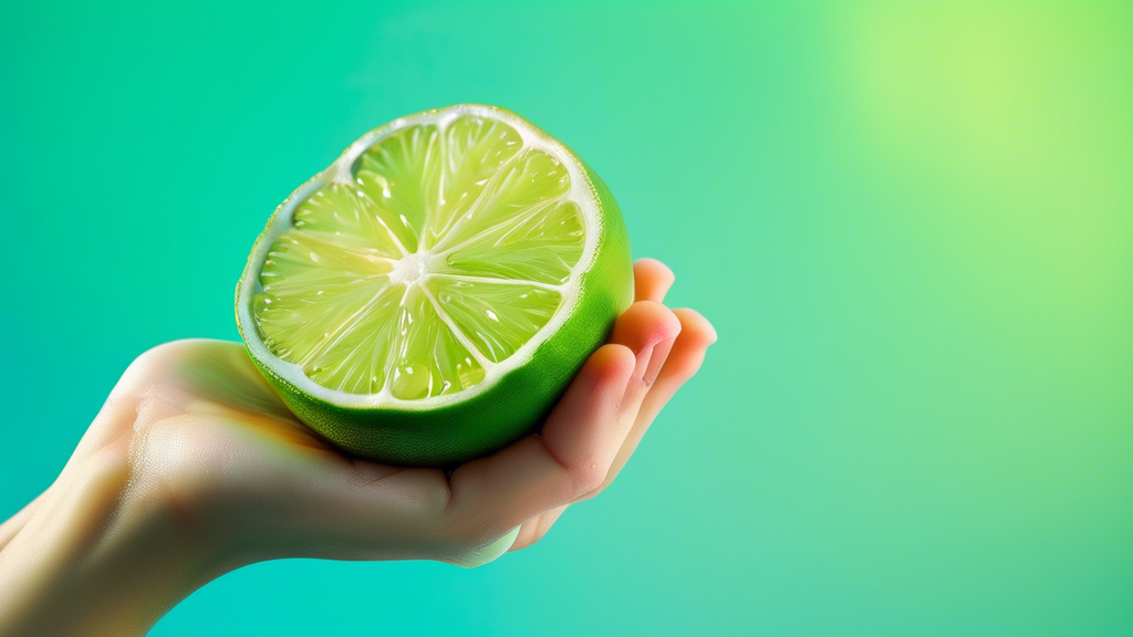 DALL-E Prompt:nA close-up view of a hand holding a sliced sweet lime (Mausambi) against a vibrant blue background. The sweet lime is cut in half, revealing its juicy, bright green flesh and glistening