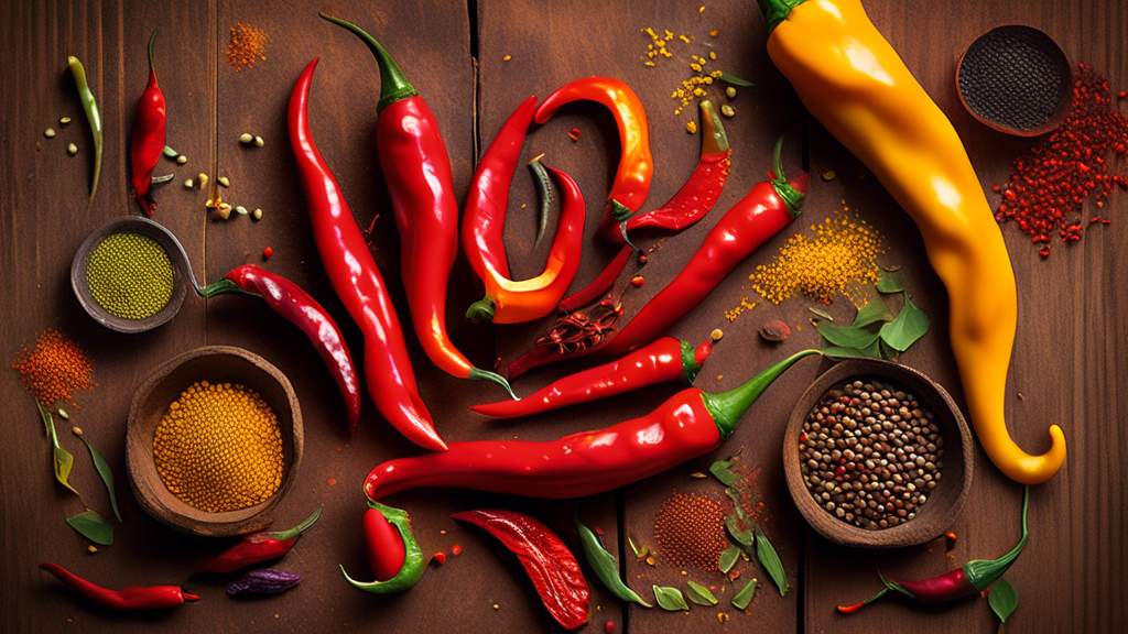 DALL-E prompt: A close-up photo of a vibrant red Achari Chilly pepper, sliced open to reveal its seeds, surrounded by colorful Indian spices like mustard seeds, fennel, and fenugreek on a rustic woode