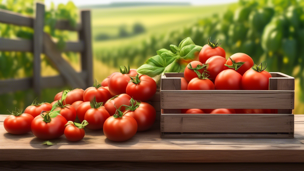 DALL-E Prompt:nA close-up view of a wooden crate filled with ripe, vibrant red tomatoes of various sizes, with a few green leaves and vines visible. The crate is sitting on a rustic wooden table with