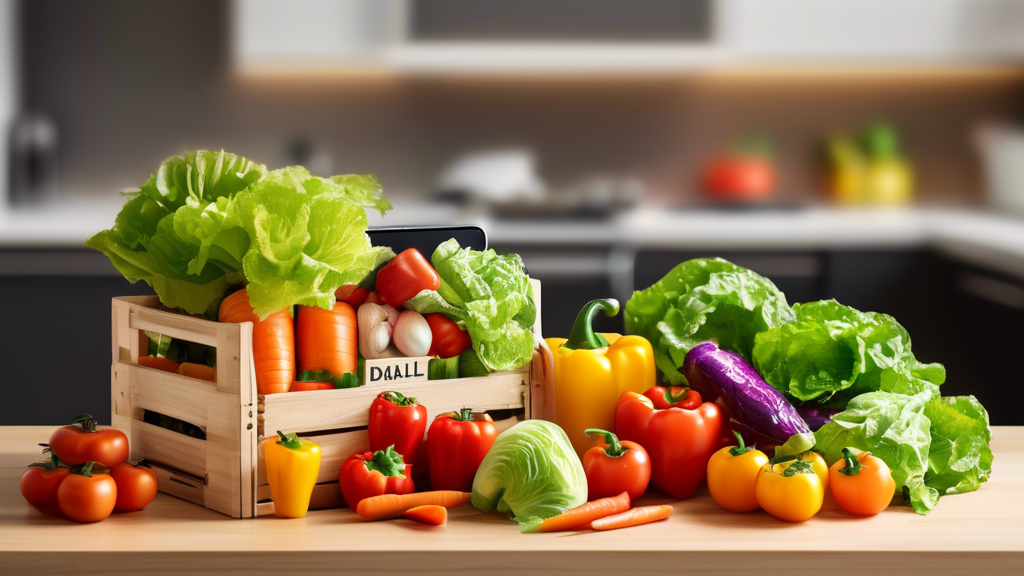 DALL-E prompt: A colorful assortment of fresh, crisp vegetables like lettuce, tomatoes, carrots, and bell peppers arranged in a wooden crate, with a smartphone displaying an online grocery shopping ap