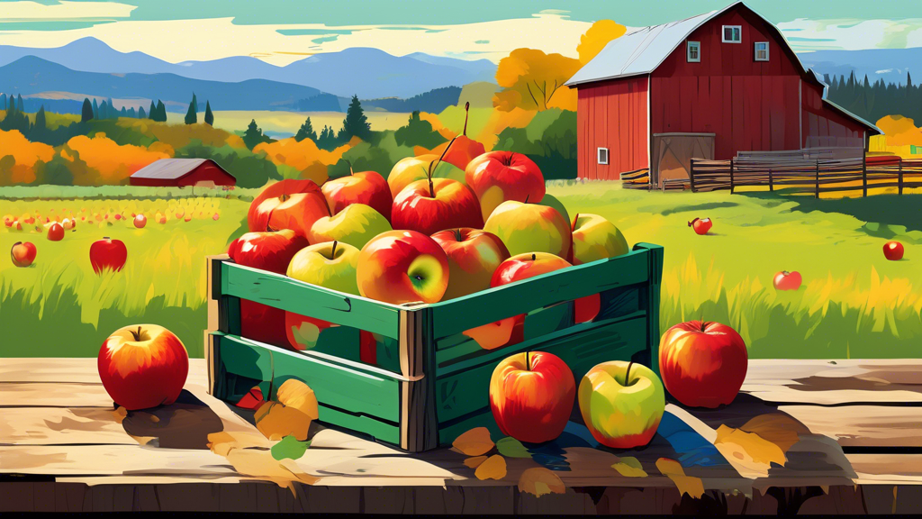 A vibrant wooden crate overflowing with a colorful assortment of freshly picked Washington apples, including bright red, golden yellow, and deep green varieties, set against a rustic barn background w