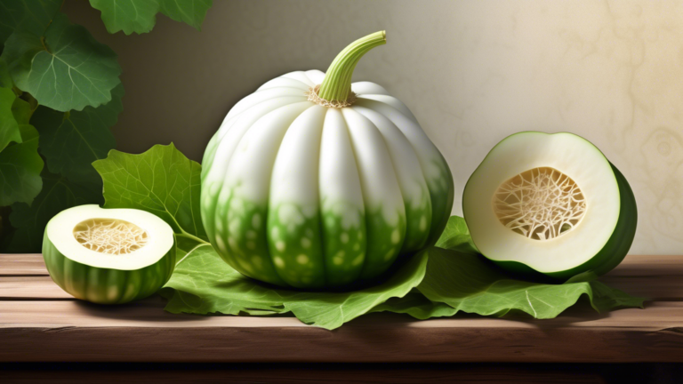 Prompt: A photorealistic still life of a whole white ash gourd, also known as winter melon or petha, sliced in half to reveal its fresh, white flesh, surrounded by vibrant green leaves and thin slices