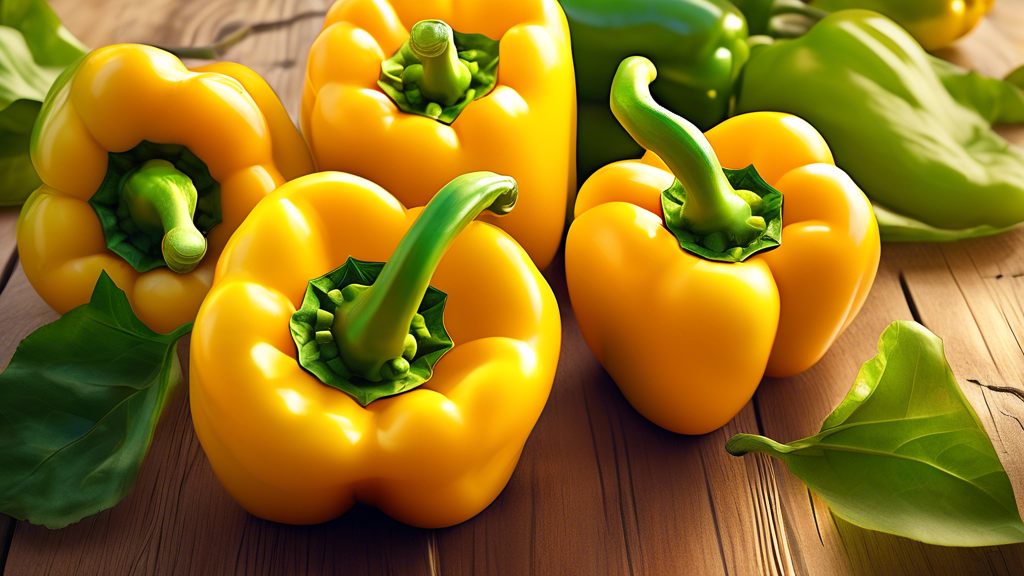 DALL-E Prompt:nA close-up view of a group of vibrant yellow bell peppers, their smooth, glossy skin reflecting light, placed on a rustic wooden table with a few green leaves scattered around, showcasi