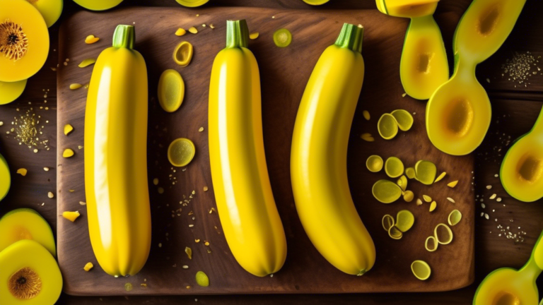 A close-up view of a bright yellow zucchini, sliced in half lengthwise, revealing its fresh, vibrant flesh and small seeds. The zucchini halves are placed on a rustic wooden cutting board, surrounded