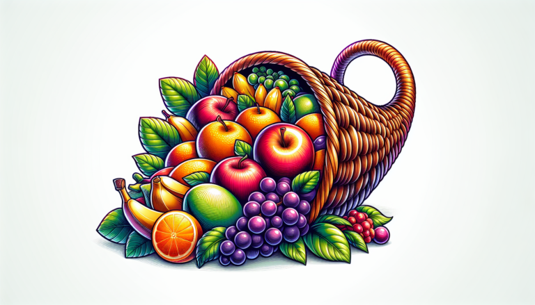 Prompt: A vibrant, high-quality digital illustration featuring a bountiful cornucopia overflowing with an assortment of fresh, colorful fruits like apples, bananas, oranges, and grapes. The cornucopia