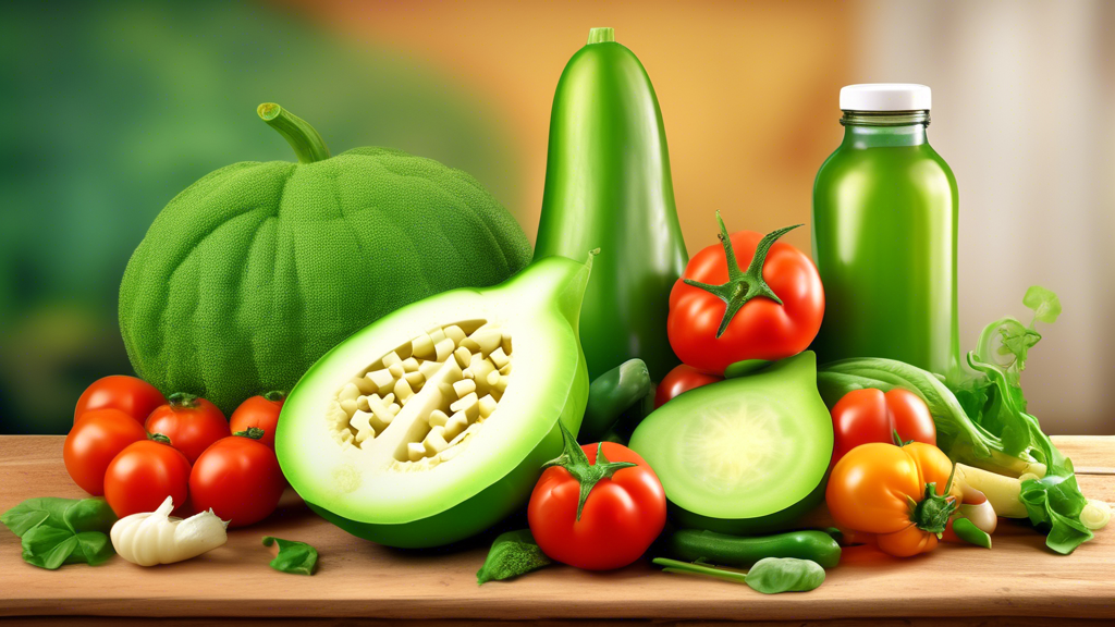 Prompt: A fresh, vibrant green bottle gourd sliced in half, revealing its white, spongy interior, surrounded by a selection of other healthy vegetables like tomatoes, onions, and spinach, all set on a