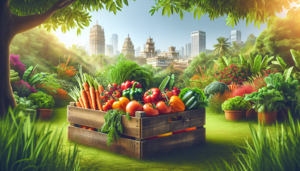 DALL-E Prompt: A rustic wooden crate filled with a vibrant, colorful assortment of fresh organic vegetables like carrots, tomatoes, leafy greens, and bell peppers, set against a backdrop of a lush gre