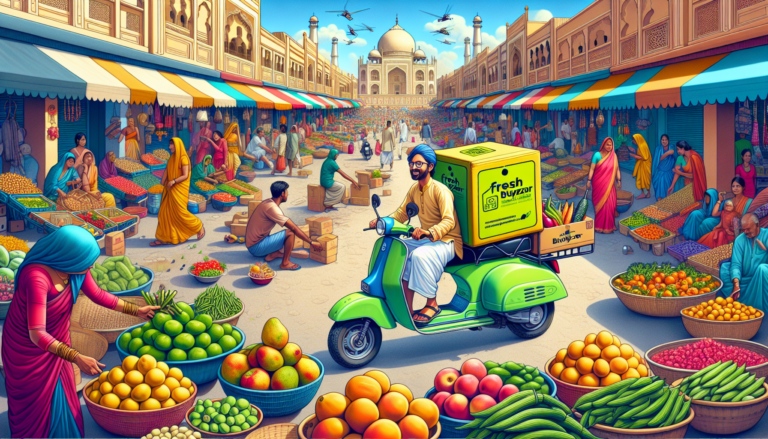 DALL-E Prompt:nA vibrant, bustling Indian street market scene with colorful fruit and vegetable stalls. In the foreground, a smiling delivery person on a scooter carries a crate filled with fresh, loc