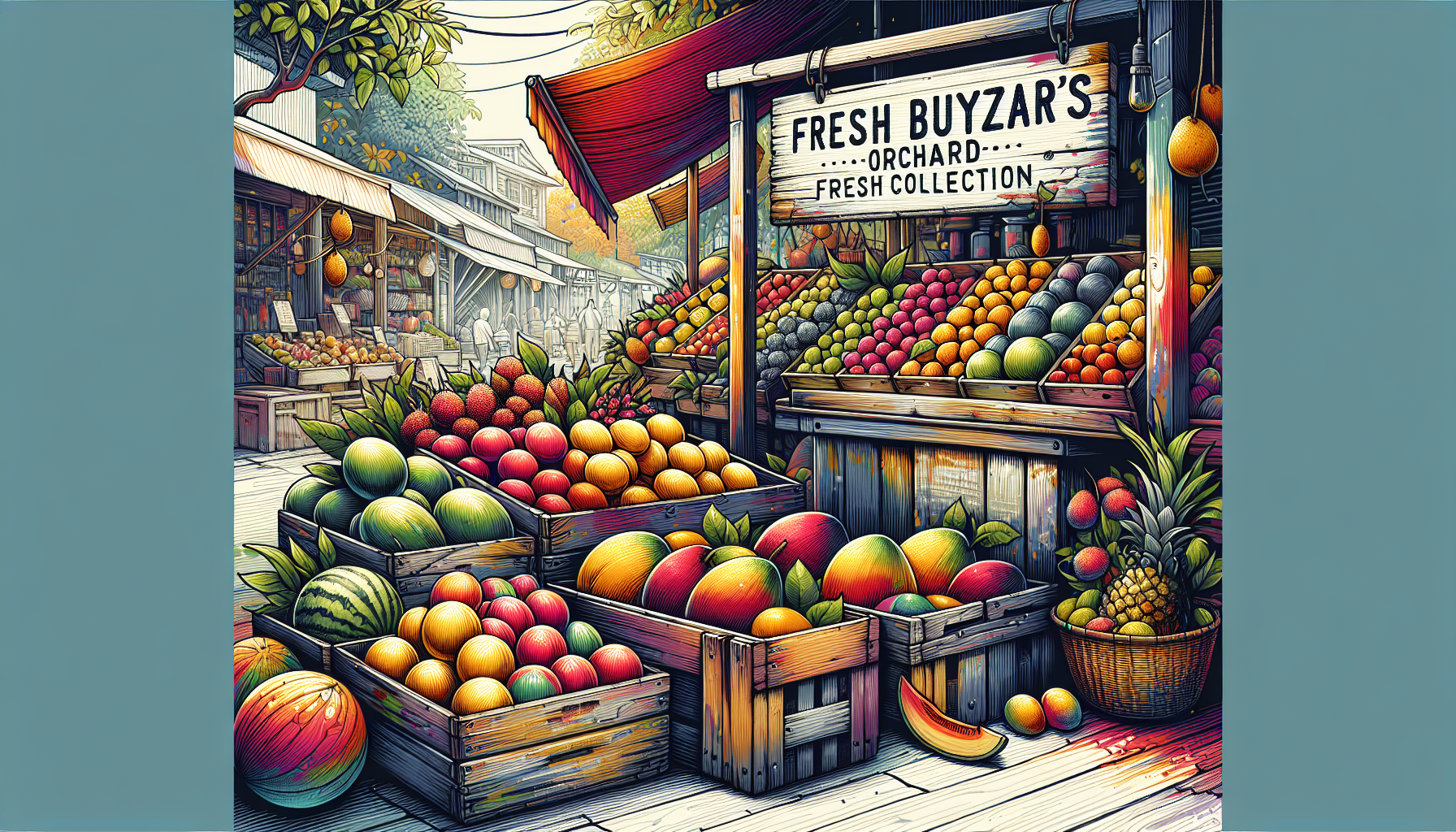 A colorful, rustic market stall overflowing with vibrant, fresh seasonal fruits like mangoes, lychees, and watermelons, set against the bustling backdrop of Pratap Vihar, with a wooden sign displaying