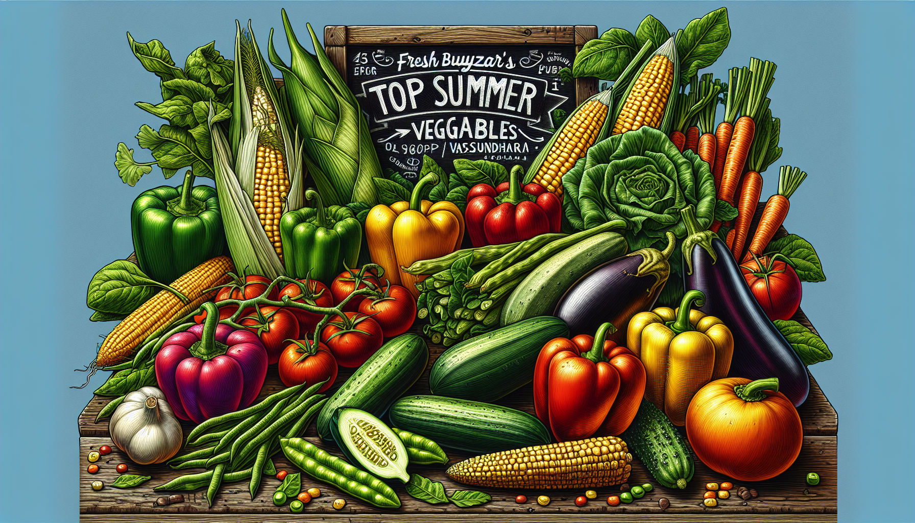 A close-up, vibrant still life photograph featuring a variety of colorful summer vegetables artfully arranged on a rustic wooden table, including tomatoes, bell peppers, cucumbers, zucchini, eggplant,