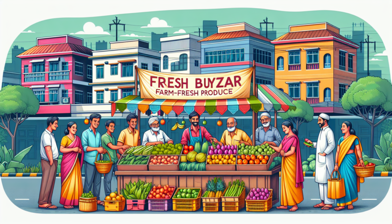 DALL-E Prompt:nA lively street market scene with a vibrant stall displaying a colorful array of fresh fruits and vegetables, as smiling customers browse the produce. The stall banner reads Fresh Buyza